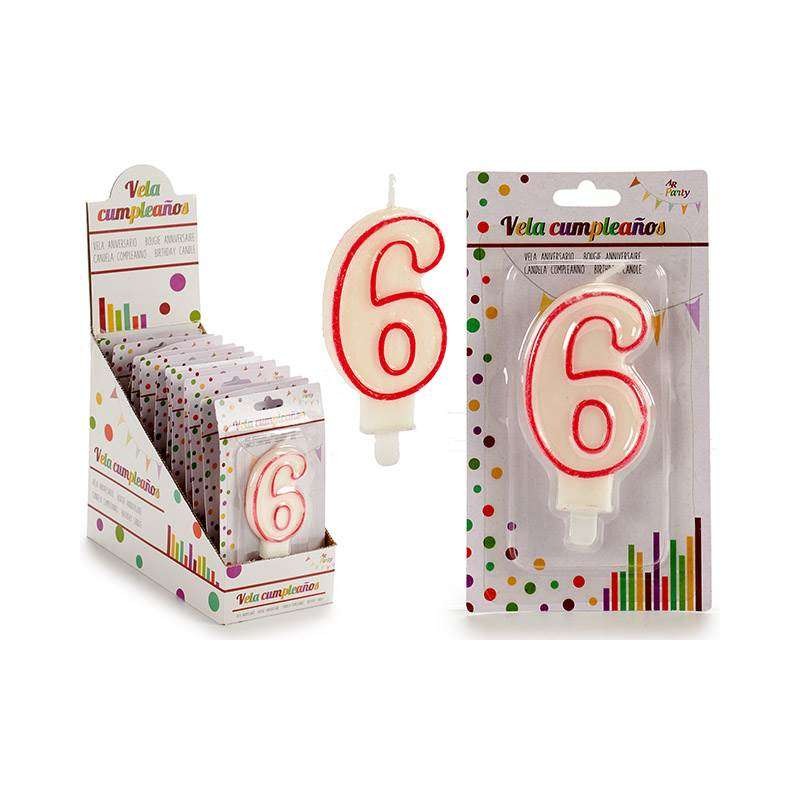 VELA CUMPLEAÑOS NUM 6 BLANCA BORDE ROJO           