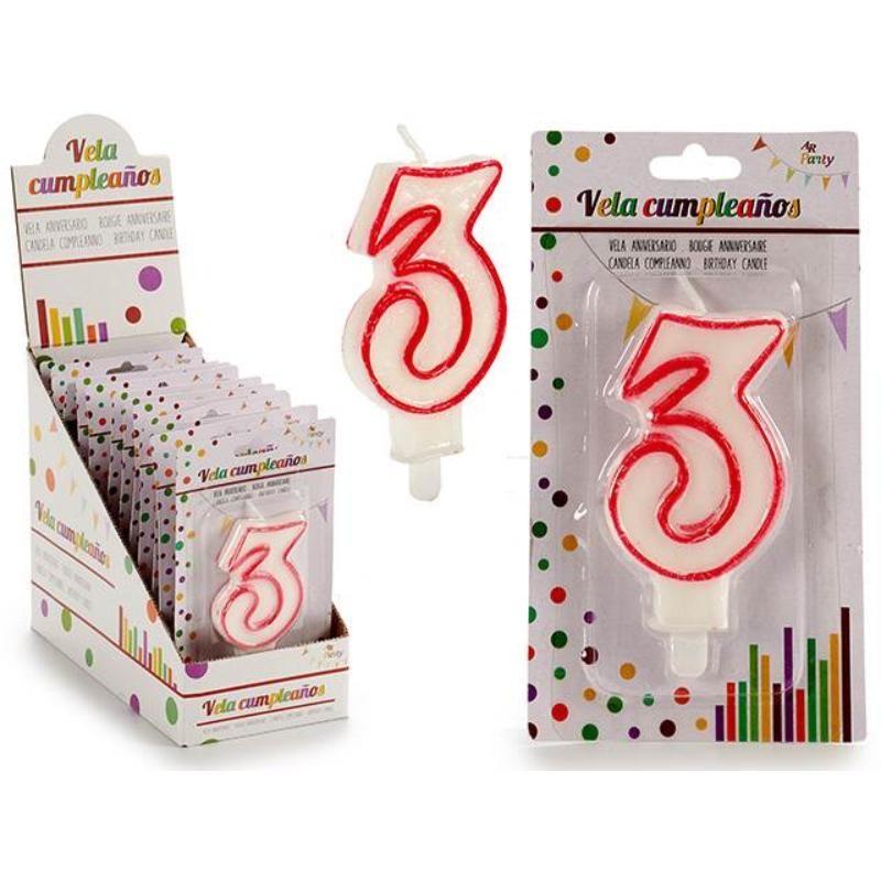 VELA CUMPLEAÑOS NUM 3 BLANCA BORDE ROJO