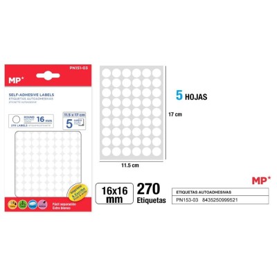 ETIQUETAS BLANCAS D=16 MM 270 U 5 HOJAS