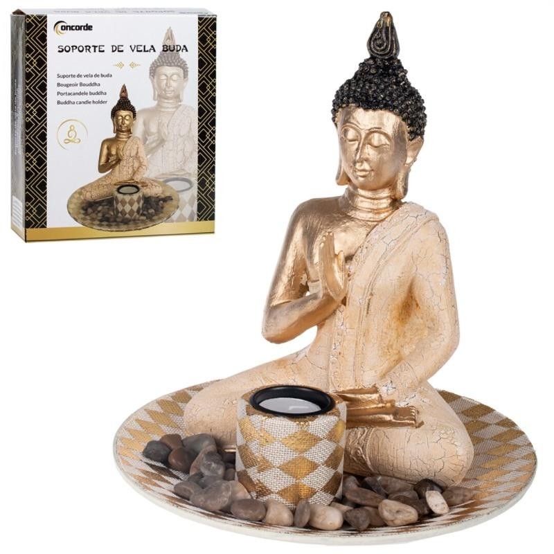PORTAVELAS BUDA DORADO CON PIEDRA DECORATIVA BASE REDONDA
