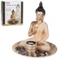 PORTAVELAS BUDA DORADO CON PIEDRA DECORATIVA BASE REDONDA
