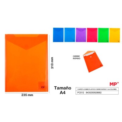 CARPETA SOBRE PLASTICO CIERRE RAPIDO A4 COLORES