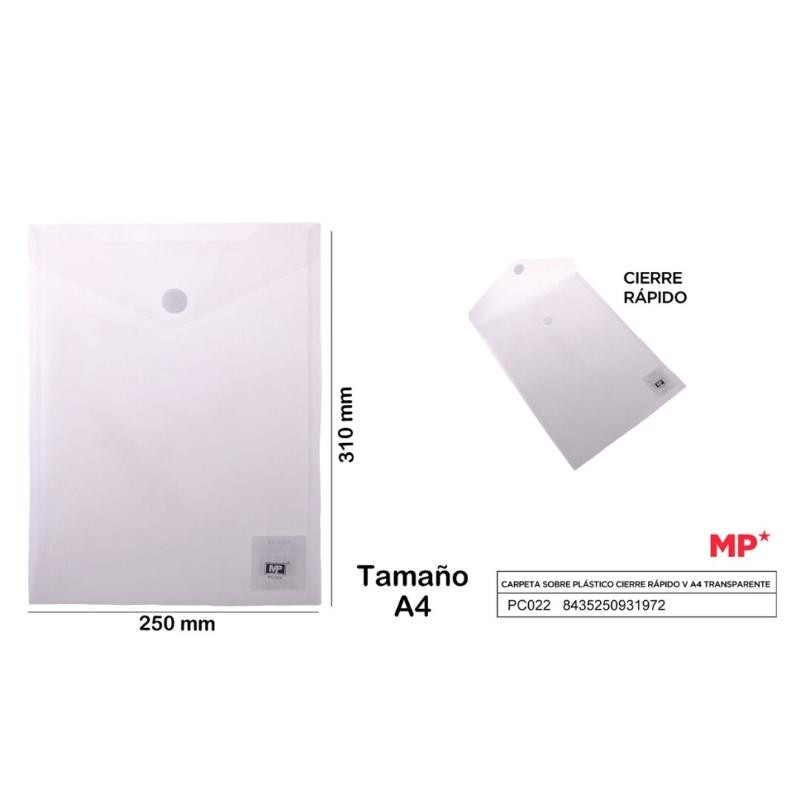 CARPETA SOBRE PLASTICO CIERRE RAPIDO H A4 TRANSP