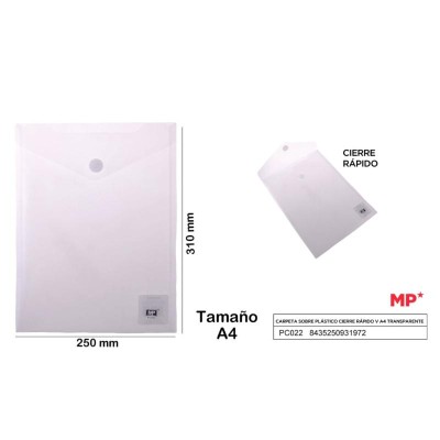 CARPETA SOBRE PLASTICO CIERRE RAPIDO H A4 TRANSP