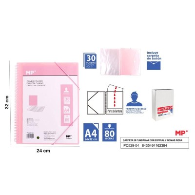 CARPETA 30 FUNDAS A4 CON ESPIRAL Y GOMAS ROSA