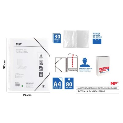 CARPETA 30 FUNDAS A4 CON ESPIRAL Y GOMAS BLANCO