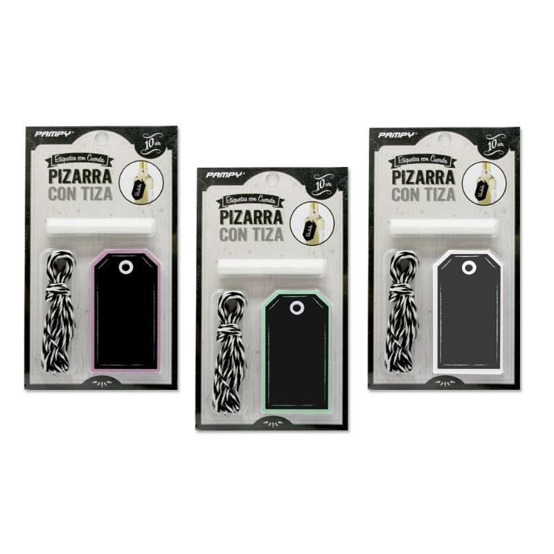 ETIQUETAS PIZARRA C/CUERDA 10 UNDS+ TIZA