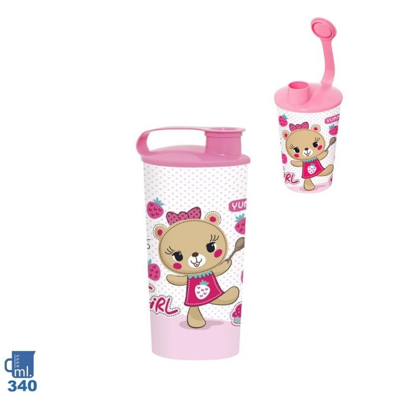 VASO CON TAPA PINK BEAR PLAST 340 ML