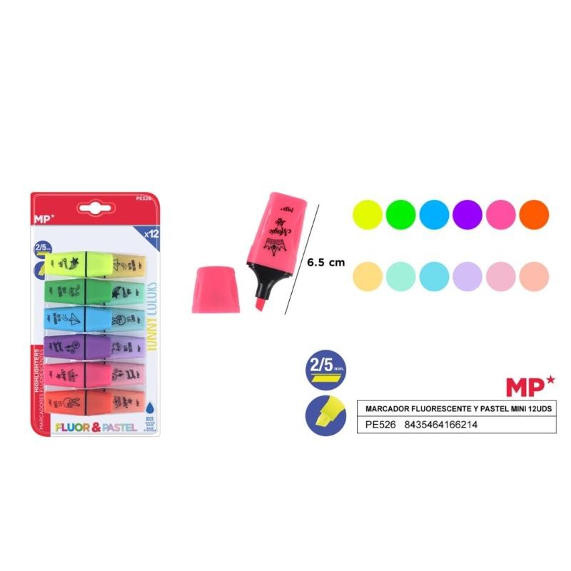 MARCADOR FLUORESCENTE Y PASTEL MINI 12 UDS