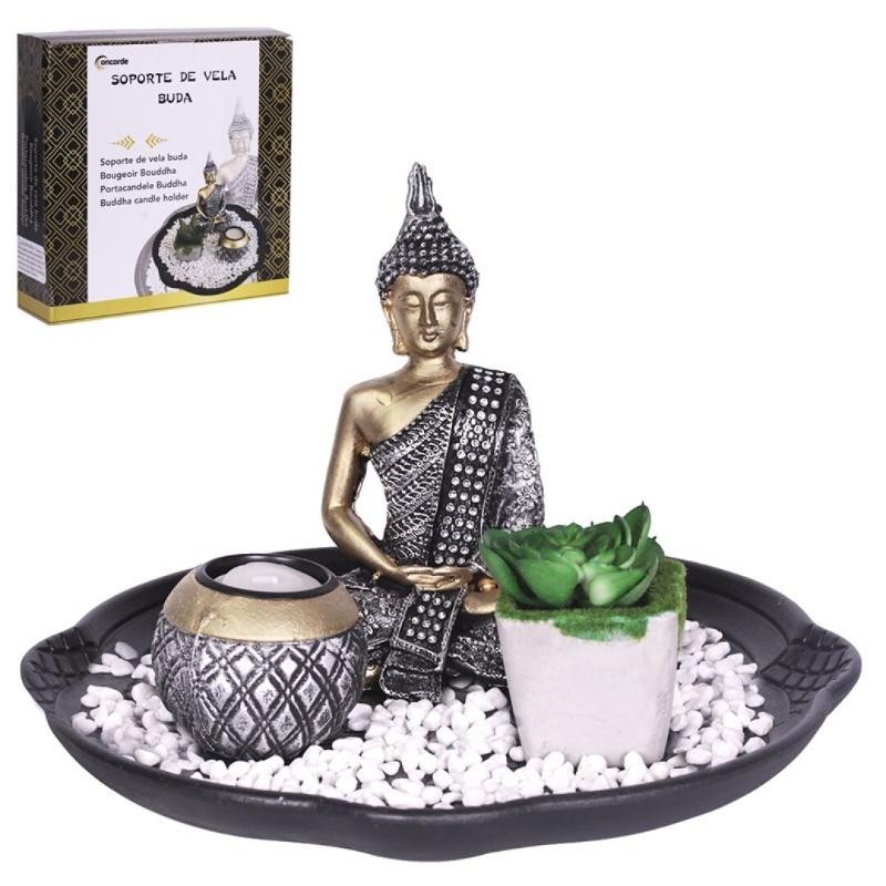 PORTAVELAS BUDA CON PIEDRA Y PLANTA DECORATIVA SURT
