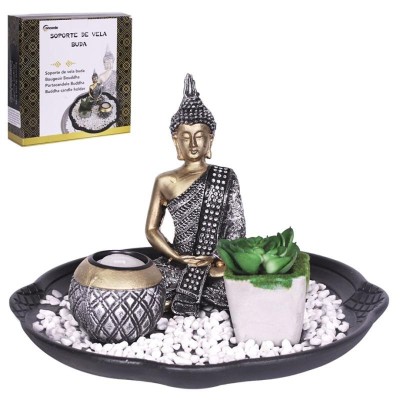 PORTAVELAS BUDA CON PIEDRA Y PLANTA DECORATIVA SURT