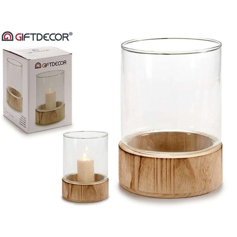 PORTAVELAS CRISTAL BASE MADERA RED GR 14.5X14.5X19.3 CM