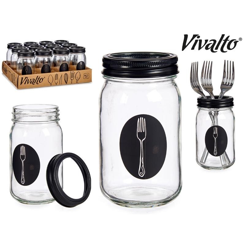 CUBERTERO VIDRIO CON TAPA METAL TENEDO