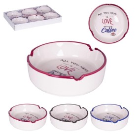 CENICERO REDONDO LOVE AND COFFE CERAMICA SUR. 12 X 12 X 4 CM.