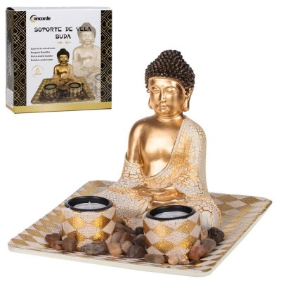 PORTAVELAS BUDA DORADO CON PIEDRA DECORATIVA BASE CUADRAD