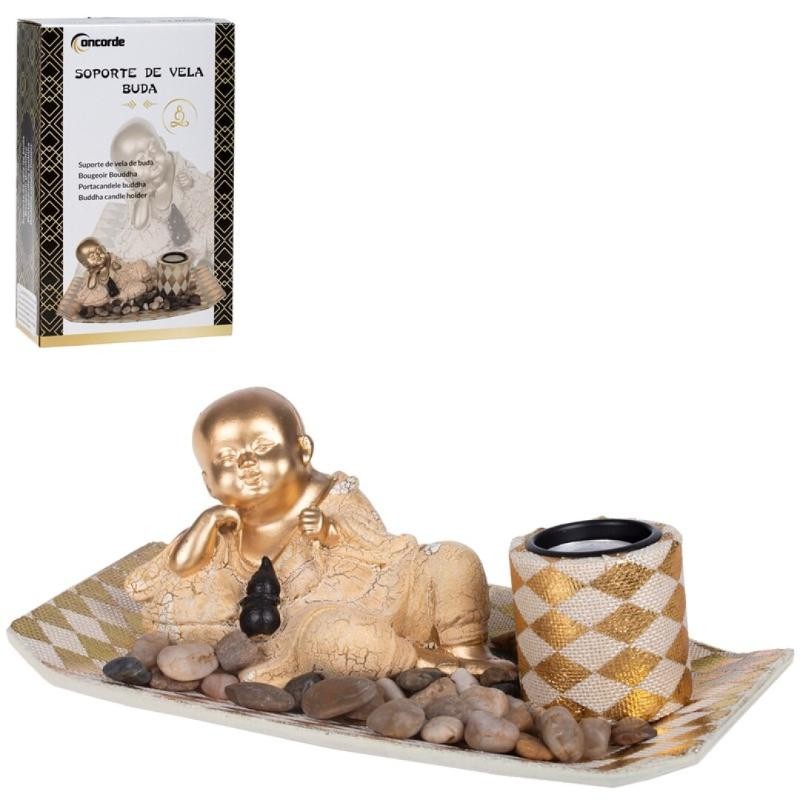 PORTAVELAS BUDA DORADO CON PIEDRA DECORATIVA BASE RECT.27X17X12 CM.