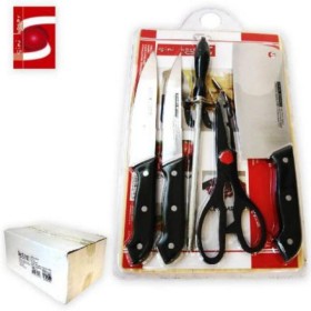JGO 6 PCS COPUER 4 CUCHILLOS, 1 TIJERA TABLA DE MADERA