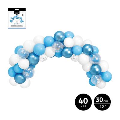 SET ARCO GLOBOS AZUL Y PLATA LATEX 40 UDS 1.5 M