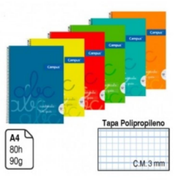 BLOC ESPIRAL CAMPUS A4 TAPA POLIPROPILENO 80H 90G CM CUADRICULA 3MM