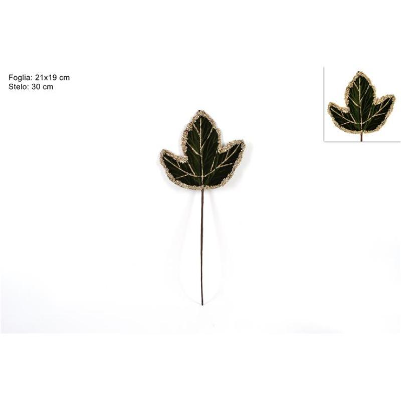 TALLO DE HOJA TERCIOPELO VERDE C/BORDE LENTEJUELAS DORADAS