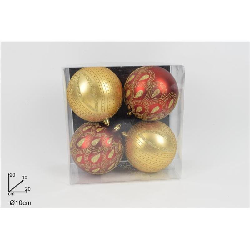 BOLA 10 CM 4 PZ ROJO/ORO C/DECORO GLITTER ORO