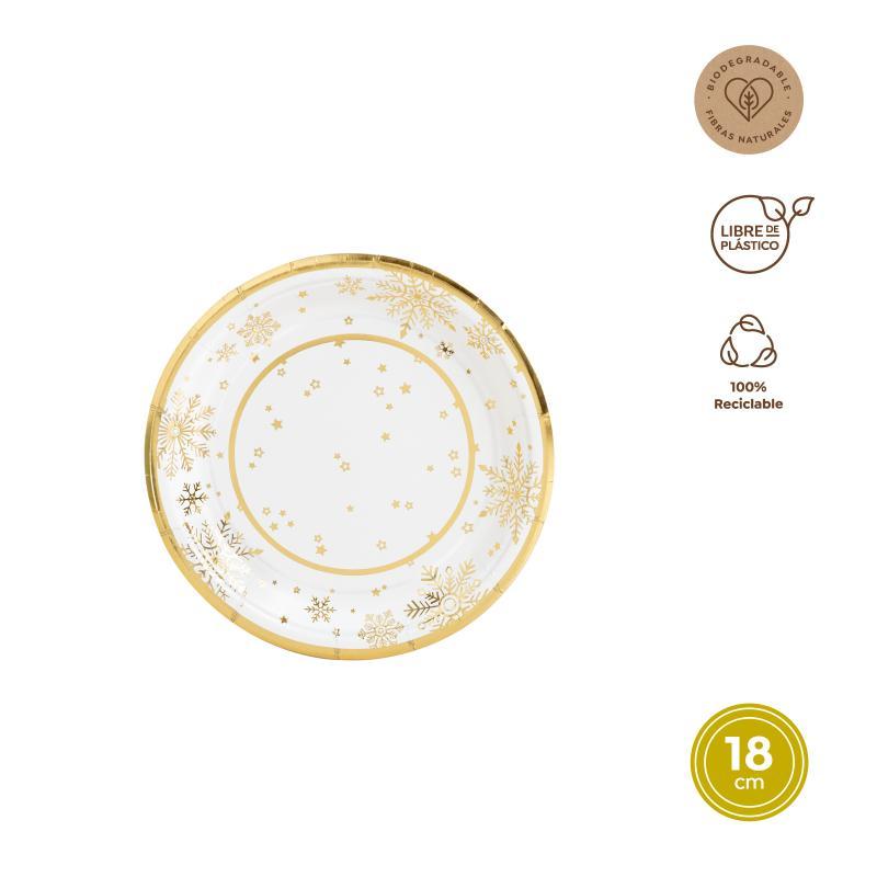 PLATOS CARTON REDONDOS GOLDEN SNOW 18 CM 8 UDS