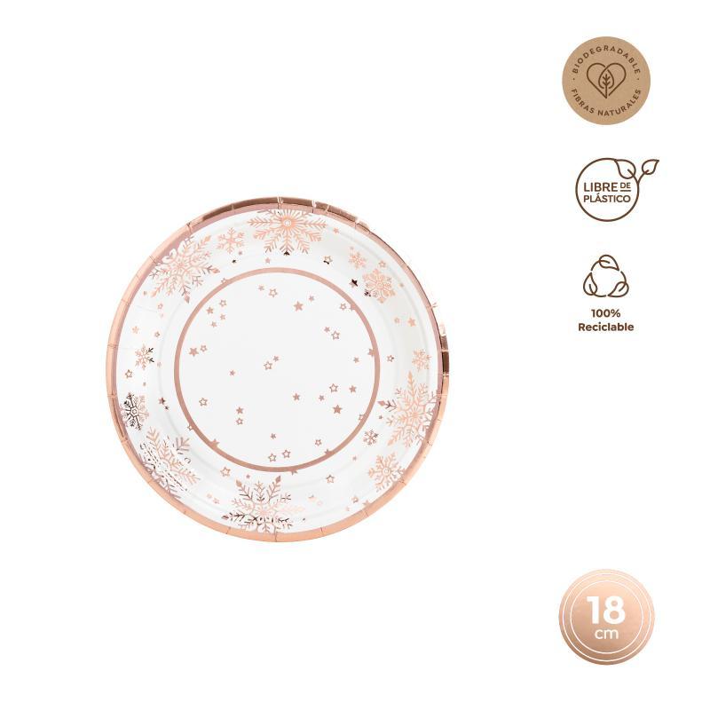 PLATOS CARTON REDONDOS ROSE GOLD SNOW 18 CM 8 UDS