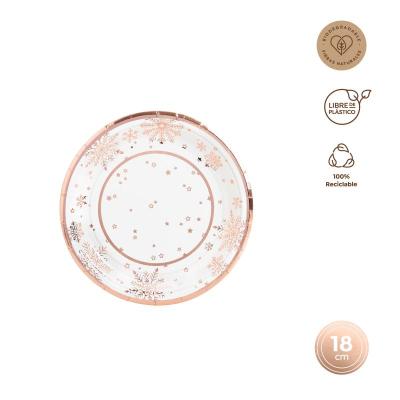 PLATOS CARTON REDONDOS ROSE GOLD SNOW 18 CM 8 UDS