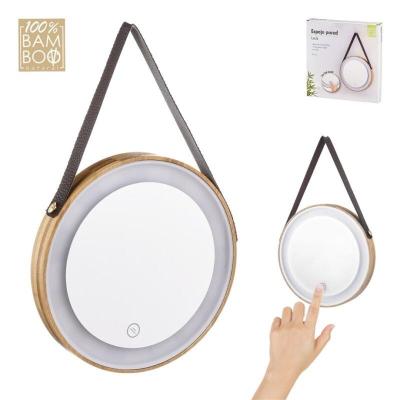 ESPEJO PARED BAMBU LED CON CUERDA CUERO 16 CM