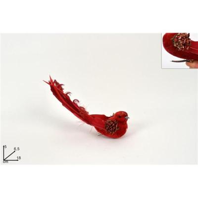 PAJARO C/PLUMAS Y PERLAS ROJO C/PINZA