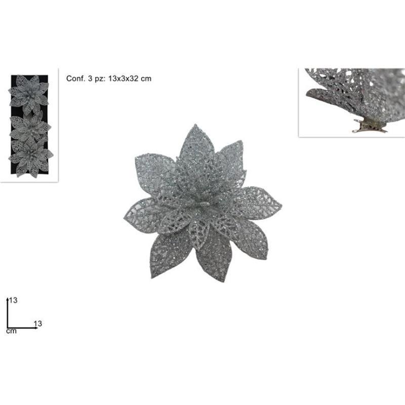 BLISTER 3 FLORES GLITERAS PLATA