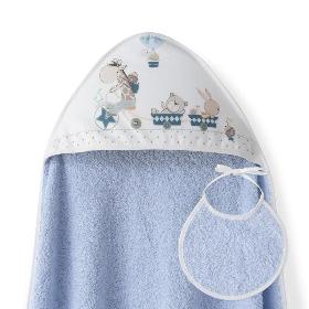 CAPA BAÑO 1X1 MOD JIRAFA BICICLETA+BABERO AZUL