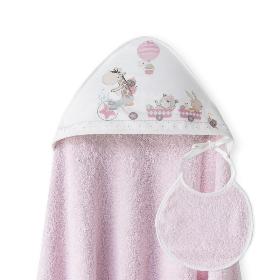 CAPA BAÑO 1X1 MOD JIRAFA BICICLETA+BABERO ROSA
