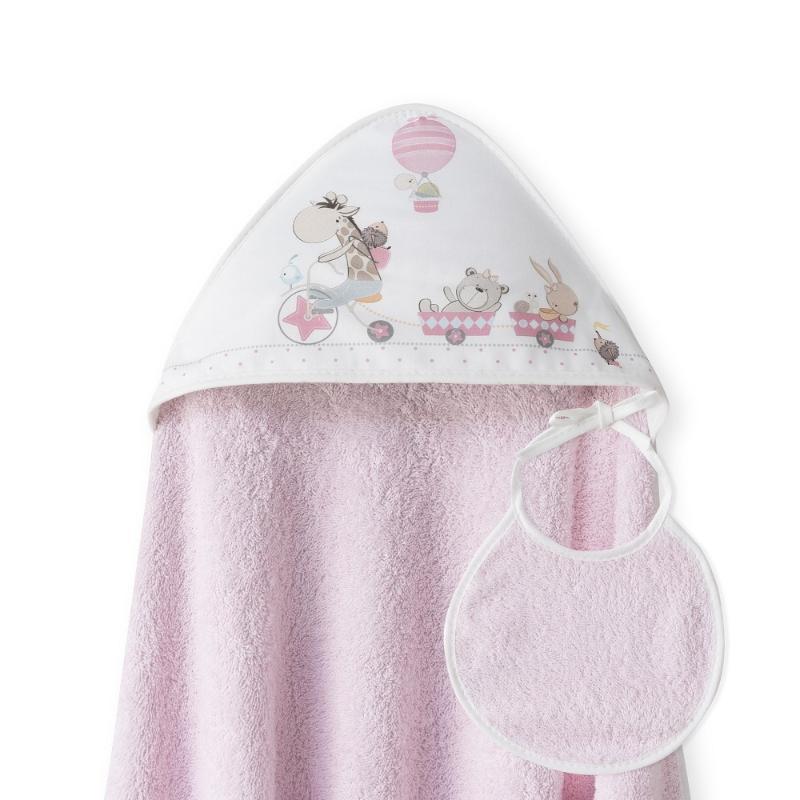 CAPA BAÑO 1X1 MOD JIRAFA BICICLETA+BABERO ROSA
