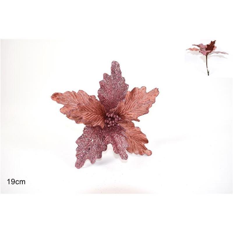 FLOR TERCIOPELO C/HOJAS GLITERADAS C/PINZA ROSA ANTIGUO