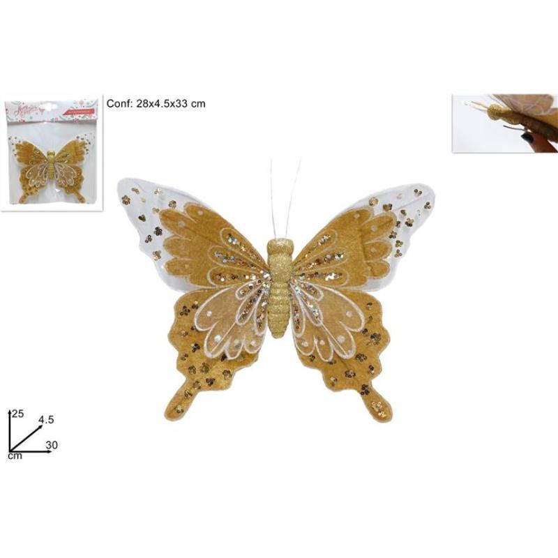 MARIPOSA 30 CM ORO CON PINZA Y GLITTER