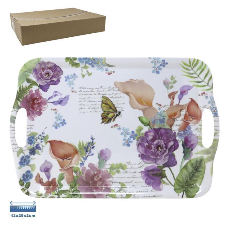 BANDEJA CON ASA PLASTICO FLORES MARIPOSA 42X29X2 CM