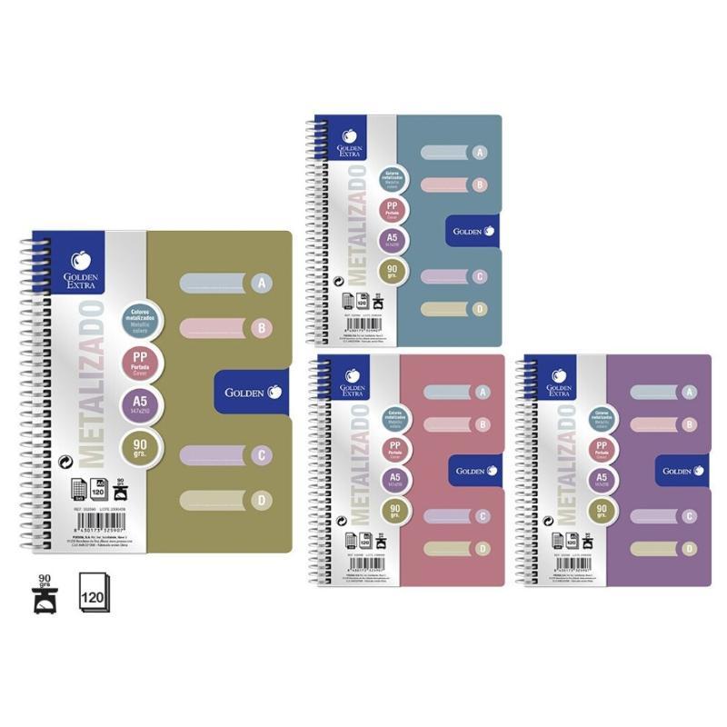 GOLDEN CUADERNO T.P.METALIC A5 120H 90GR 4 SEP CUAD