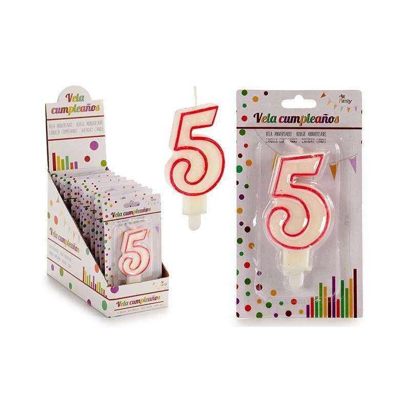 VELA CUMPLEAÑOS NUM 5 BLANCA BORDE ROJO           