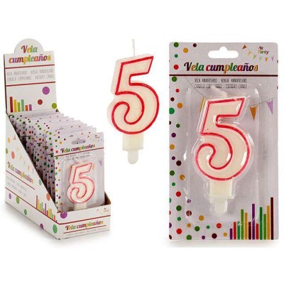 VELA CUMPLEAÑOS NUM 5 BLANCA BORDE ROJO           