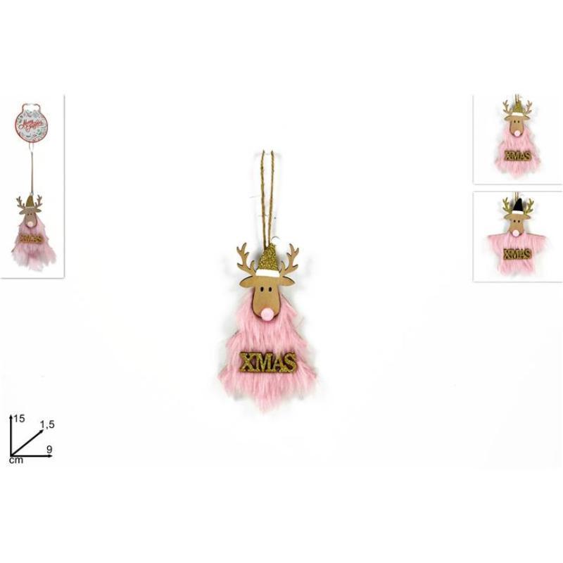 COLGANTE DE MADERA ARBOL/ESTRELLA CARA RENO DE PIEL ROSA