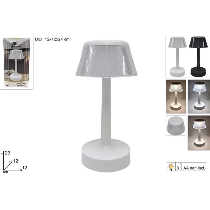 LAMPARA DE MESA 23 CM BLANCA 3 LUMINS A BATERIA 2 COLORES