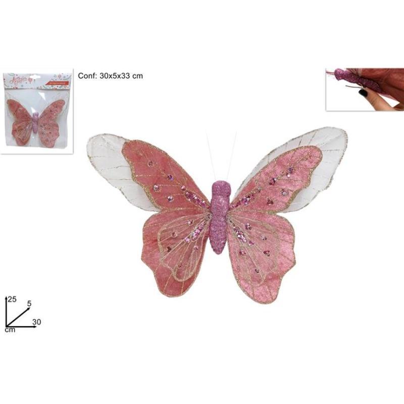 MARIPOSA 30 CM ROSA CON PINZA DECORADA CON PURPURINA