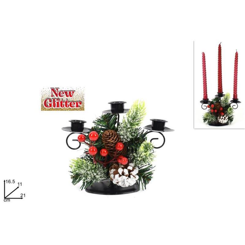 PORTA VELAS CON PIÑAS Y BAYAS NEVADAS