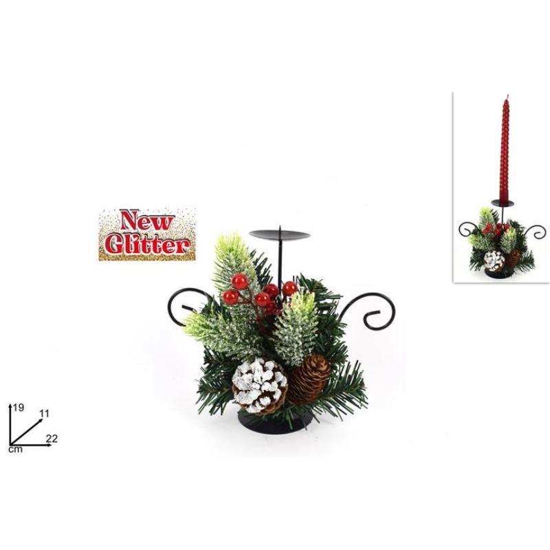 PORTA VELAS CON PIÑAS Y BAYAS NEVADAS