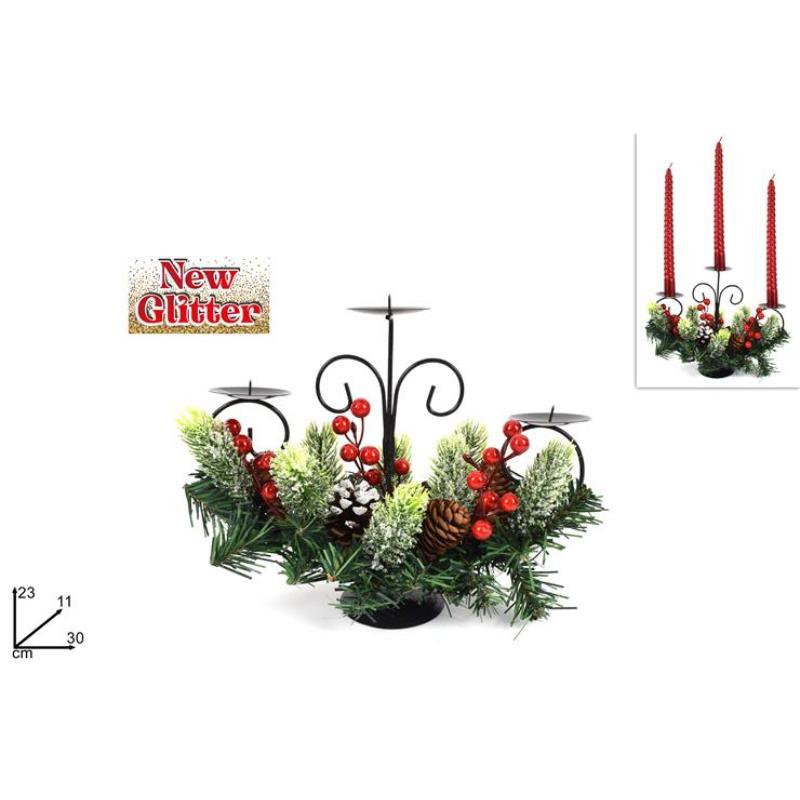 PORTA VELAS CON PIÑAS Y BAYAS NEVADAS