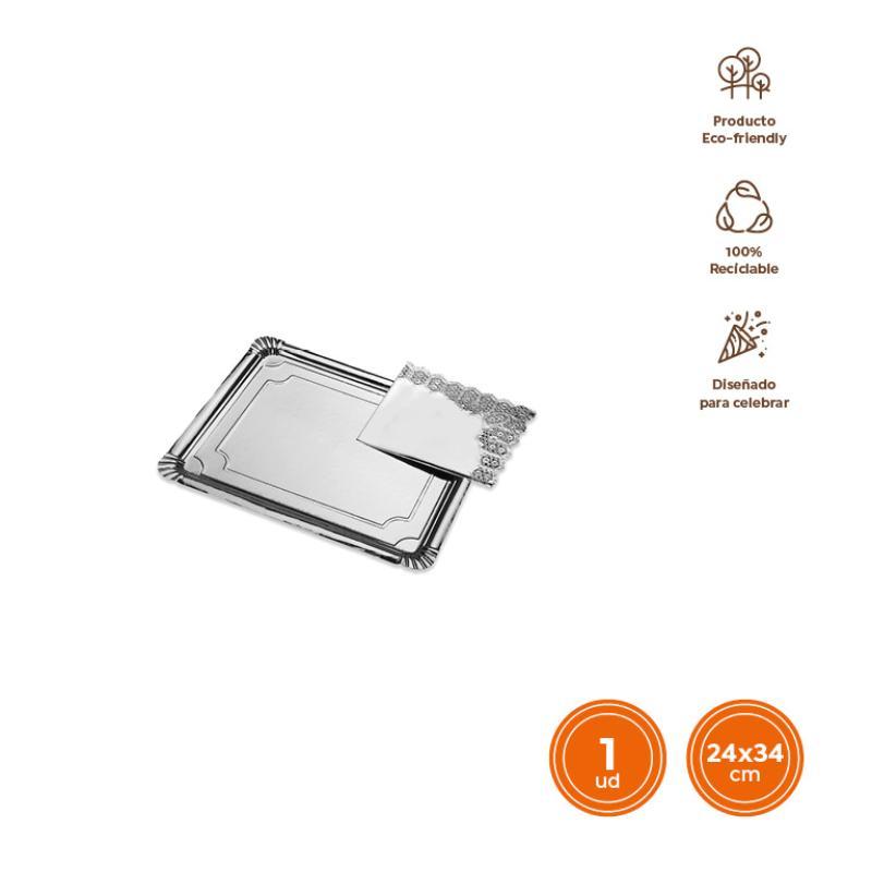 BANDEJA CARTON BLONDA RECTANGULAR PLATA 25X34 CM 1 UD