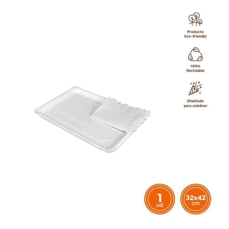 BANDEJA CARTON BLONDA RECTANGULAR BLANCA 34X42 CM 1 UD