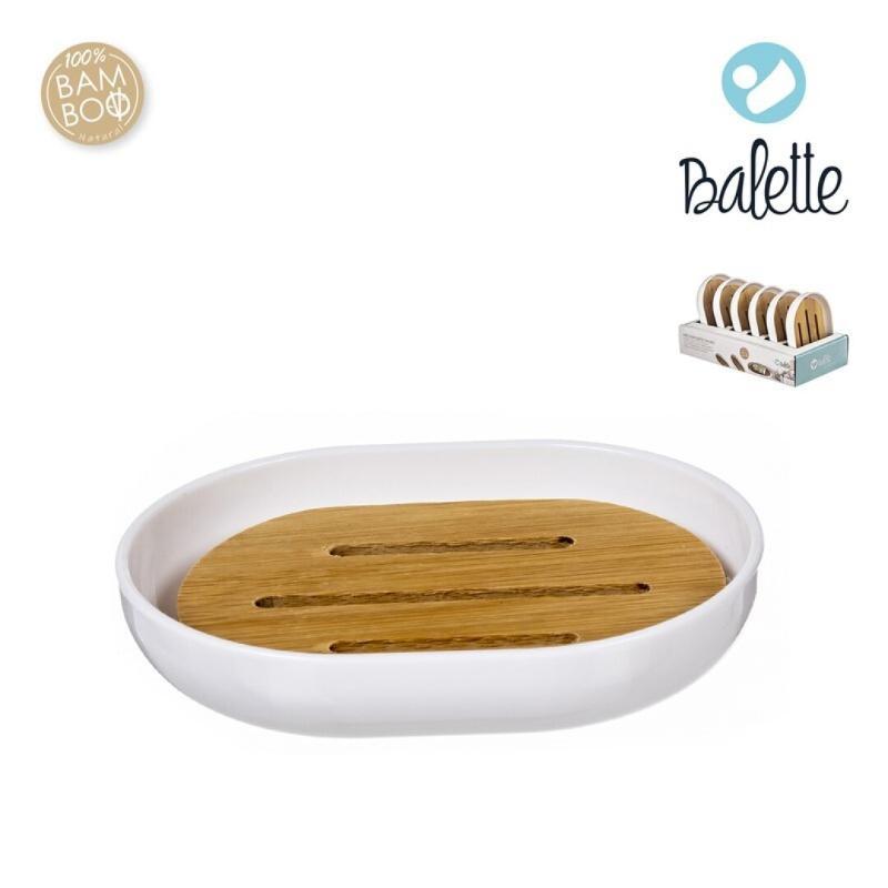 SOPORTE PASTILLA JABON BAÑO CON BAMBU BLANCO 12X9X2 CM.