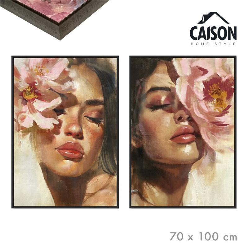 CUADRO OLEO CON MARCO MUJER FLOR ROSA 70X100 CM